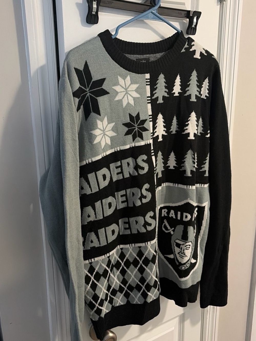 NFL Raiders Black and Gray Patchwork Crewneck Sweater